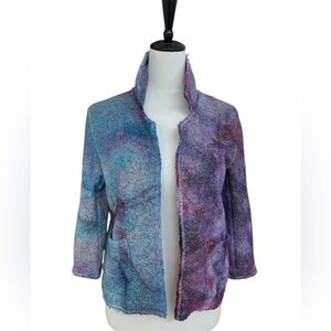 Vintage Abstract Knit Open Front Cardigan Purple Blue Artsy Jacket